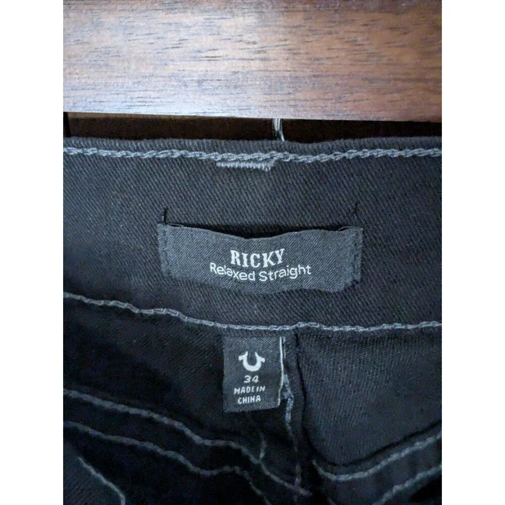 NWT True Religion Ricky Flap Pocket Relaxed Straight Rinse Black Jeans 34x32